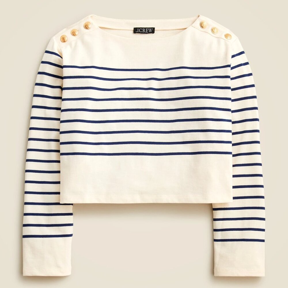 J. Crew Cropped Boatneck T-shirt with Buttons in Mariner Cotton/NWT/M - Picture 2 of 13